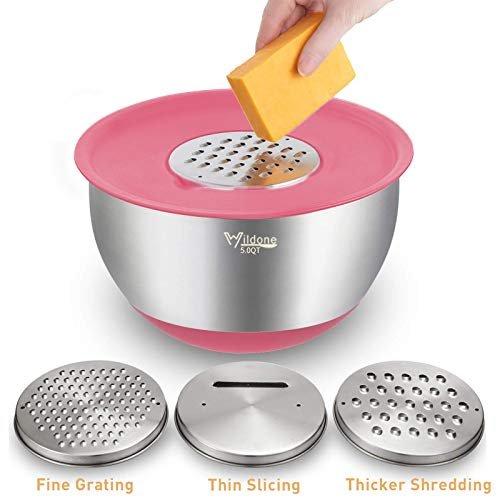 Wildone Mixing Bowls Set of 5, Stainless Steel Nesting Bowls with Lids, 3  Grater Attachments, Measurement Marks & Non-Slip Bottoms, Size 5, 3, 2,  1.5