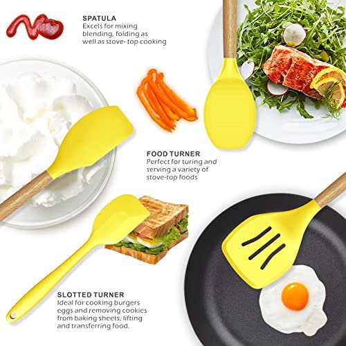 14 Pcs Silicone Cooking Kitchen Utensils Set with Holder, Wooden Handles  BPA Free Silicone Turner Tongs Spatula Spoon Kitchen Gadgets Utensil Set  for