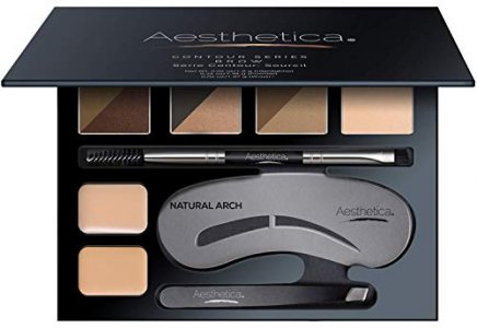 Aesthetica Brow Contour Kit 16-Piece Eyebrow Makeup Palette Set 6 Eyebrow Powders, 5 Eyebrow Stencils, Spoolie/Brush Duo, Tweezers, Eye Brow Wax, Hig