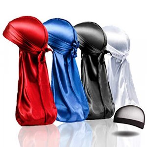 4PCS Silky Durags, Silk Durag for Men Women Waves, Silk Durag Pack with 1 Wave Cap, Silky Satin Durag Extra Long Tails(Red, Blue, Black, White)
