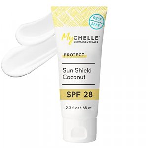 MyCHELLE Dermaceuticals Sun Shield SPF 28 Coconut (2.3 Fl Oz) - Soothing Reef Safe Sunscreen with Vitamin E and Aloe - Travel Size Zinc Sunscreen for