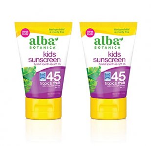Alba Botanica Kids Sunscreen for Face and Body, Tropical Fruit Sunscreen Lotion for Kids, Broad Spectrum SPF 45, Water Resistant and Hypoallergenic, 