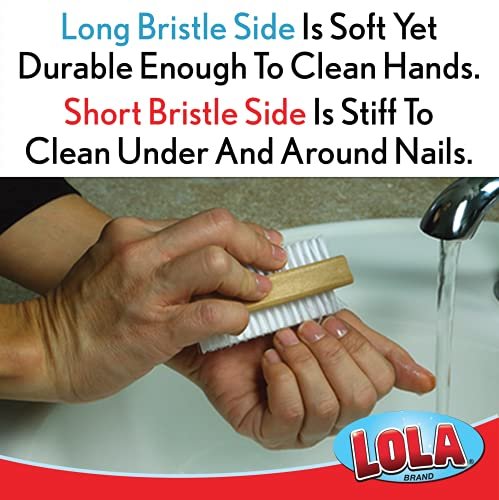 LOLA Products Hand & Nail Brush, Soft & Stiff Side, Wooden No Slip Grip, Cleans Hands and Fingernails
