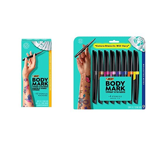 BodyMark by BIC Temporary Tattoo Marker Skin Safe Flexible Brush Tip  LongLasting Assorted Colors 8Pack ColorsStencils Will Vary 8 Piece  Set Color Collection