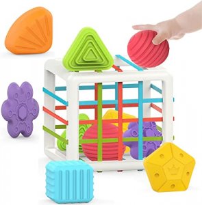 MINGKIDS Montessori Toys for 1 Year Old,Baby Sorter Toy Colorful Cube and 6 Pcs Multi Sensory Shape,Developmental Learning Toys for Girls Boys Easter
