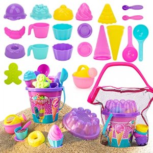HIDMED Kids Beach Sand Toys, 24 Pcs Sand Tools with Buckets, Mesh Bag, Ice Cream Mold Set for Toddlers