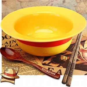 shiningsoul 3 PCS ONEPIECE Luffy Straw Hat Ramen Bowl Set Anime (Straw Hat Ceramic Bowl + Wooden spoon + Chopsticks) Dishwasher & Microwave Safe - Go