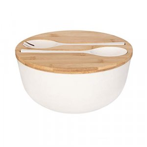 GEHE Bamboo Salad Bowl with Servers Set - Large 9.8 inches mixing bowls Solid Bamboo Salad Wooden Bowl with Bamboo Lid Spoon for Fruits,Salads and De