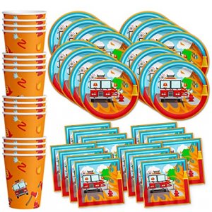 Fire Fighter Truck Birthday Party Supplies Set Plates Napkins Cups Tableware Kit for 16