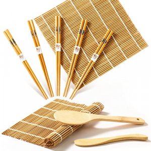 Delamu Sushi Making Kit, Bamboo Sushi Mat, Including 2 Sushi Rolling Mats, 5 Pairs of Chopsticks, 1 Paddle, 1 Spreader, 1 Beginner Guide PDF, Roll On