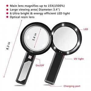 Magnifying Glass with Light, USB Rechargeable 5X 10X 15X Handheld Magnifying Glass Double Lens Magnifier 8 Light for Reading Small Prints, Seniors Re