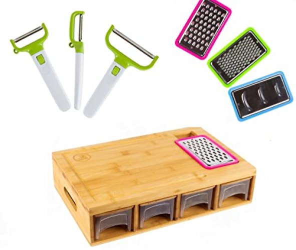 Bamboo Cutting Board with Containers, Lids, Graters, Carving Board