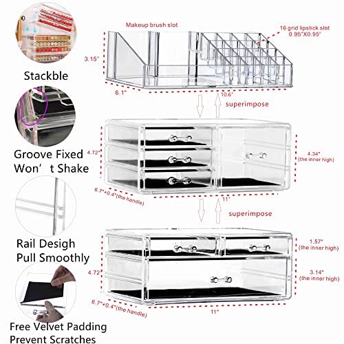 Cq acrylic Stackable Makeup Organizer With 3 Drawers,Acrylic