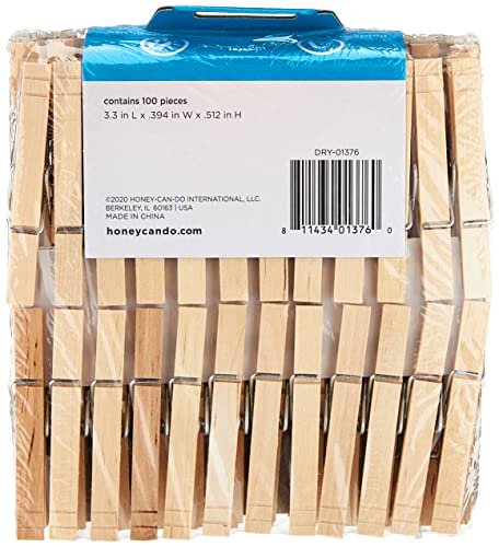 Honey-Can-Do DRY-01376 Wood Clothespins with Spring, 3.3-inches  Length,Brown, Medium, 100-Pack