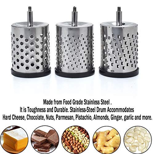 Rotary Cheese Grater Stainless Steel Manual Handheld Cheese Shredder Grater  Walnuts Grinder with 3 Interchangeable Drum Blades for Chocolate, Cheese  and Nuts-7.…