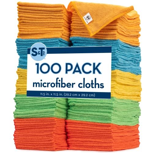 S&T Inc. 100 Pack Microfiber Cleaning Cloth, Bulk Microfiber Towel for Home, Reusable and Lint Free Cloth Towels for Car, Light Blue, 11.5 inch x