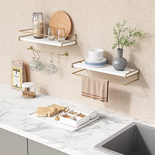 Floating Shelves Set of 2-for Coffee Bar, Bathroom Shelves with Towel Bar,  Wall Shelves with 8 Hooks for Kitchen