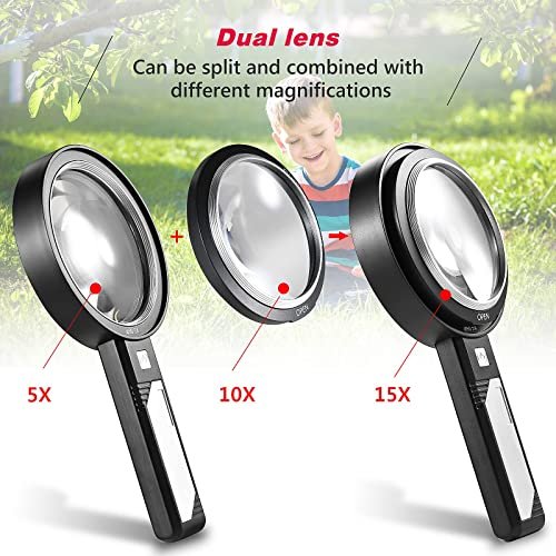 Magnifying Glass with Light, USB Rechargeable 5X 10X 15X Handheld  Magnifying Glass Double Lens Magnifier 8 Light for Reading Small Prints,  Seniors