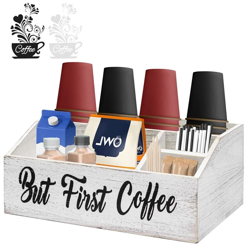 Coffee Bar Organizer, Wooden Coffee Station Accessories Storage Bin Box,  Farmhouse Coffee Caddy Countertop Decor, Rustic Condiment Holder for Coffee