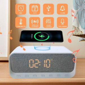 Acnob Alarm Clock Radio,Bedside LED Alarm Clock with USB Charger & Wireless QI Charging, 5.2 Bluetooth Speaker