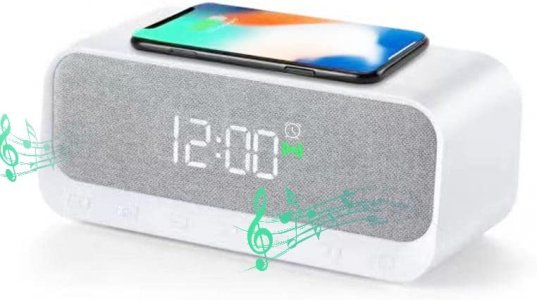 Acnob Alarm Clock Radio,Bedside LED Alarm Clock with USB Charger & Wireless QI Charging, 5.2 Bluetooth Speaker