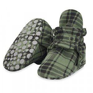 Zutano Unisex Organic Cotton Baby Booties With Gripper Soles, Olive Plaid, 3M