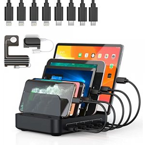 Charging Station for Multiple Devices, 5 in 1 Multi USB Charger Station with iWatch & Airpod Stand and 8 Mixed Short Cables, 50W Charging Dock Compat