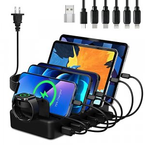 Charging Station for Multiple Devices, CREATIVE DESIGN 50W 6 Ports Charger Station with Apple Watch Holder & 6 Cables, Charging Dock for iPad Cellpho