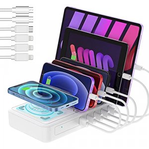 Charging Station for Multiple Devices Apple - 5 Ports Multi USB Charger Station Organizer with 6 Cables Charging Dock for iPhone iPad Cell Phone Tabl