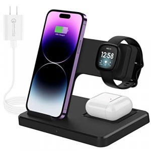 OenFoto 3 in 1 Charging Station Compatible with Fitbit Versa3/ Versa4/Sense/ Sense2 Charging Cable Dock for Versa 3 Smartwatch with Samsung Galaxy
