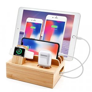 Bamboo Charging Station for Multi Device with 5 USB A Charger Port Sendowtek 6 in 1 Charging Stand for Phone Tablet Smart Watch Holder Earbud Dock Ch