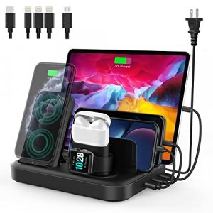 seenda Wireless Charging Station for Multiple Devices - 6 in 1 USB Charging Dock Built-in AC Adapter with 10W Max Wireless Charger Stand and 5 USB Po