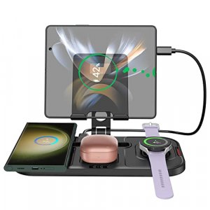 Wireless Charger for Samsung Charging Station with Tablet Stand Holder Compatible with Galaxy S23 S22 Ultra/S21/S20, Foldable 4 in 1 Charging Dock fo