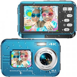 Underwater Cameras, 4K Waterproof Digital Camera 48 MP Autofocus Function Selfie Dual Screens with 16X Digital Zoom Compact Portable 10FT Underwater