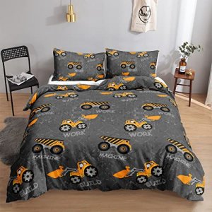 Datura home Kids Construction Truck Duvet Cover Set Machinery Excavators Vehicles Tractor Cartoon Truck Printed Bedding Set with 2 Pillowcases for Bo