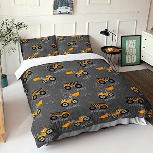 Datura home Kids Construction Truck Duvet Cover Set Machinery Excavators Vehicles Tractor Cartoon Truck Printed Bedding Set with 2 Pillowcases for Bo