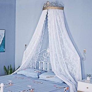 SFYZ HOME Princess lace Bed Canopy with Metal Gold Crown, Floral Bed Sheer Curtain Decorative Drapery for King Queen Full Bed (White)