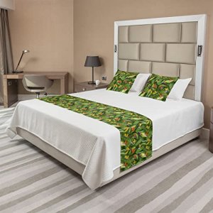 Lunarable Leaf Bed Runner Set, Fresh Brazilian Forest Untouched Jungle Paradise Tropical Foliage Flowers, Decorative Bedding Scarf and 2 Pillow Shams