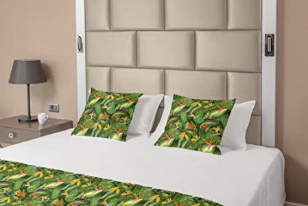 Lunarable Leaf Bed Runner Set, Fresh Brazilian Forest Untouched Jungle Paradise Tropical Foliage Flowers, Decorative Bedding Scarf and 2 Pillow Shams