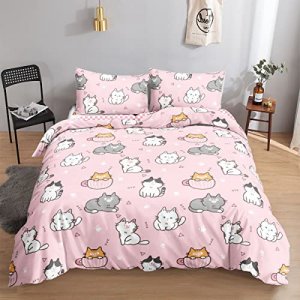 Datura home Kawaii Cat Duvet Cover Set Lovely Kitten Pink Print Printed Bedding Set with 2 Pillowcases for Boys Girls Teens Children Bedroom All Seas