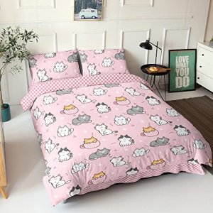 Datura home Kawaii Cat Duvet Cover Set Lovely Kitten Pink Print Printed Bedding Set with 2 Pillowcases for Boys Girls Teens Children Bedroom All Seas
