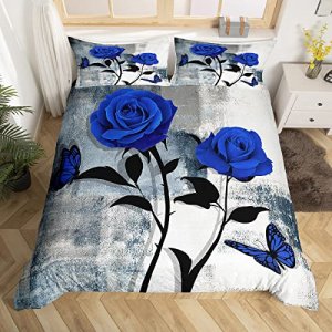 Erosebridal Rustic Rose Duvet Cover for Kids Teens Youth,Retro Tie Dyed Comforter Cover,Grunge White and Grey Watercolor Bedding Set Full,Ombre Art Q