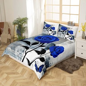 Erosebridal Rustic Rose Duvet Cover for Kids Teens Youth,Retro Tie Dyed Comforter Cover,Grunge White and Grey Watercolor Bedding Set Full,Ombre Art Q