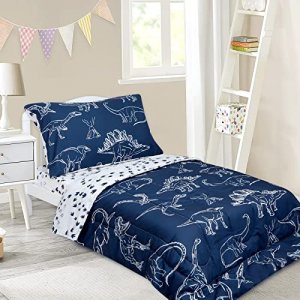 Jundetye 4 Pieces Dinosaur Toddler Bedding Set for Boys, Soft Breathable Toddler Comforter Set, Dino Print Navy, Includes Reversible Comforter, White