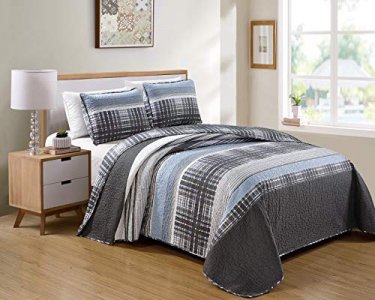 Kids Zone Home Linen Charcoal White Light Grey Stripe Plaid Pattern Unisex Bedspread New (King/California King)