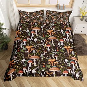 Mushroom Duvet Cover Set King Size Red Strawberry Trippy Mushrooms Comforter Cover for Kids Jungle Rustic Wild Plants Palm Leaves Chic Home Bedding Q