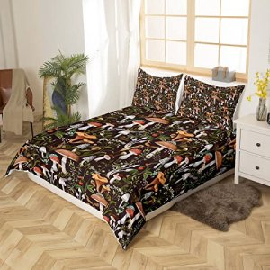 Mushroom Duvet Cover Set King Size Red Strawberry Trippy Mushrooms Comforter Cover for Kids Jungle Rustic Wild Plants Palm Leaves Chic Home Bedding Q