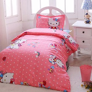 HOLY HOME Pink Angel Duvet Cover Set Cartoon Cat Princess 3 Pieces 100% Cotton Bedding with Fitted Sheet Birthday Gift (Twin)