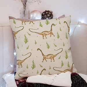 Dinosaur Throw Pillow Covers, Gift for Girls Boys Kids Children Toddler Dinosaur Lovers, Cute Dino Decor, Cotton Linen Cushion Case for Nursery Sofa 