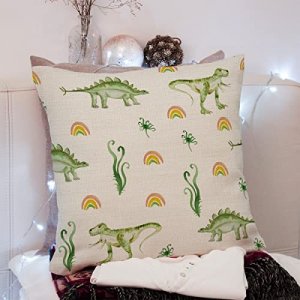Dinosaur Throw Pillow Covers, Gift for Girls Boys Kids Children Toddler Dinosaur Lovers, Cute Dino Decor, Cotton Linen Cushion Case for Nursery Sofa 
